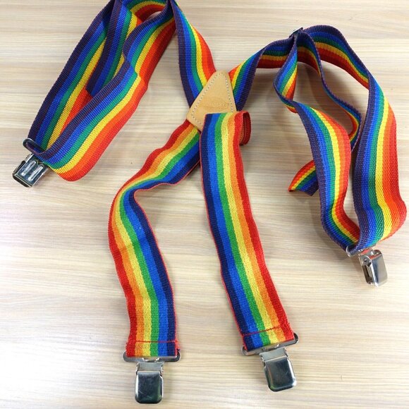VINTAGE Nicholas Suspender Mens Rainbow Striped Clip On Braces Stretch Retro - Picture 1 of 7